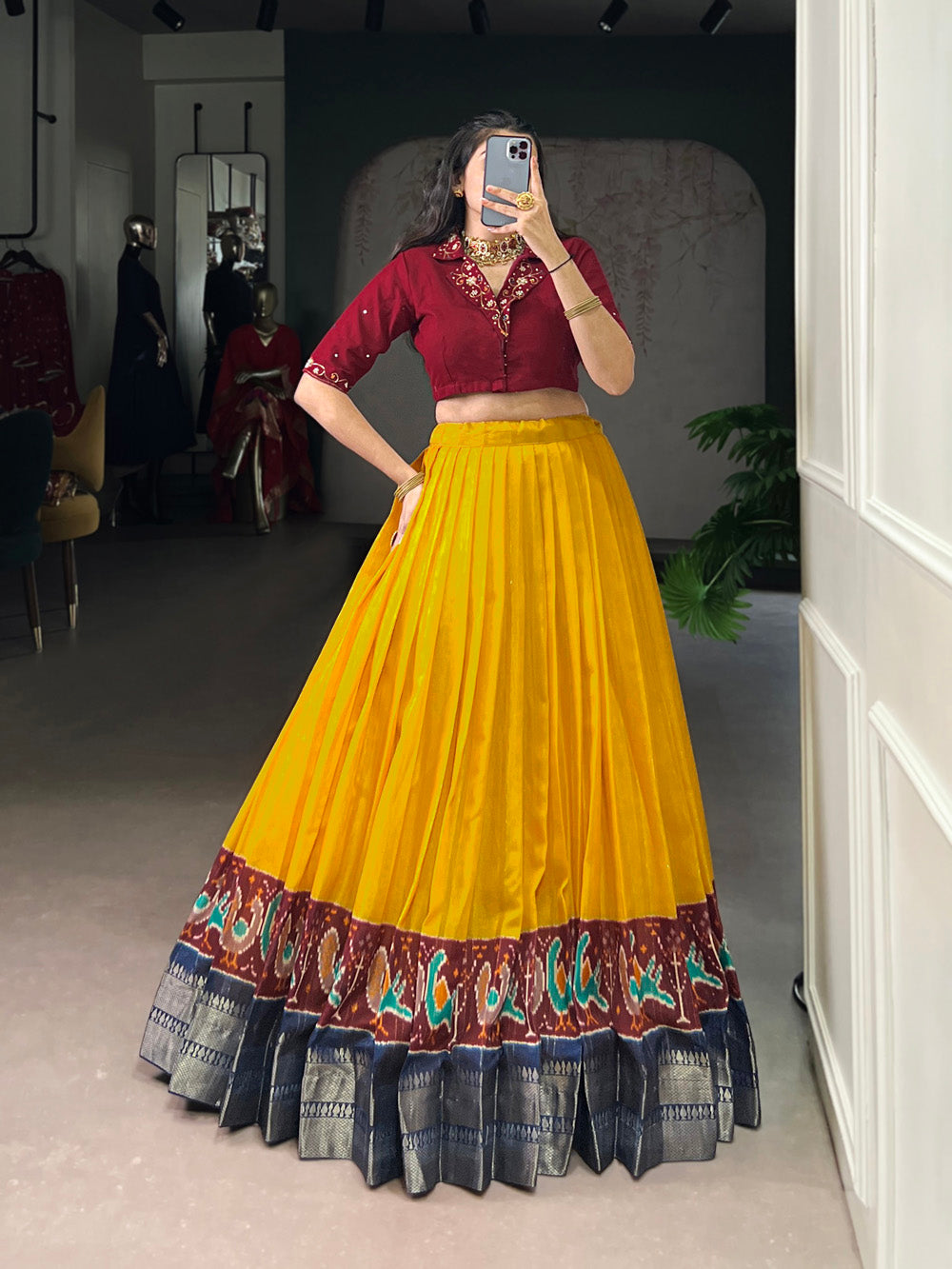 Mustard color printed with zari weaving work poly cotton co ord set