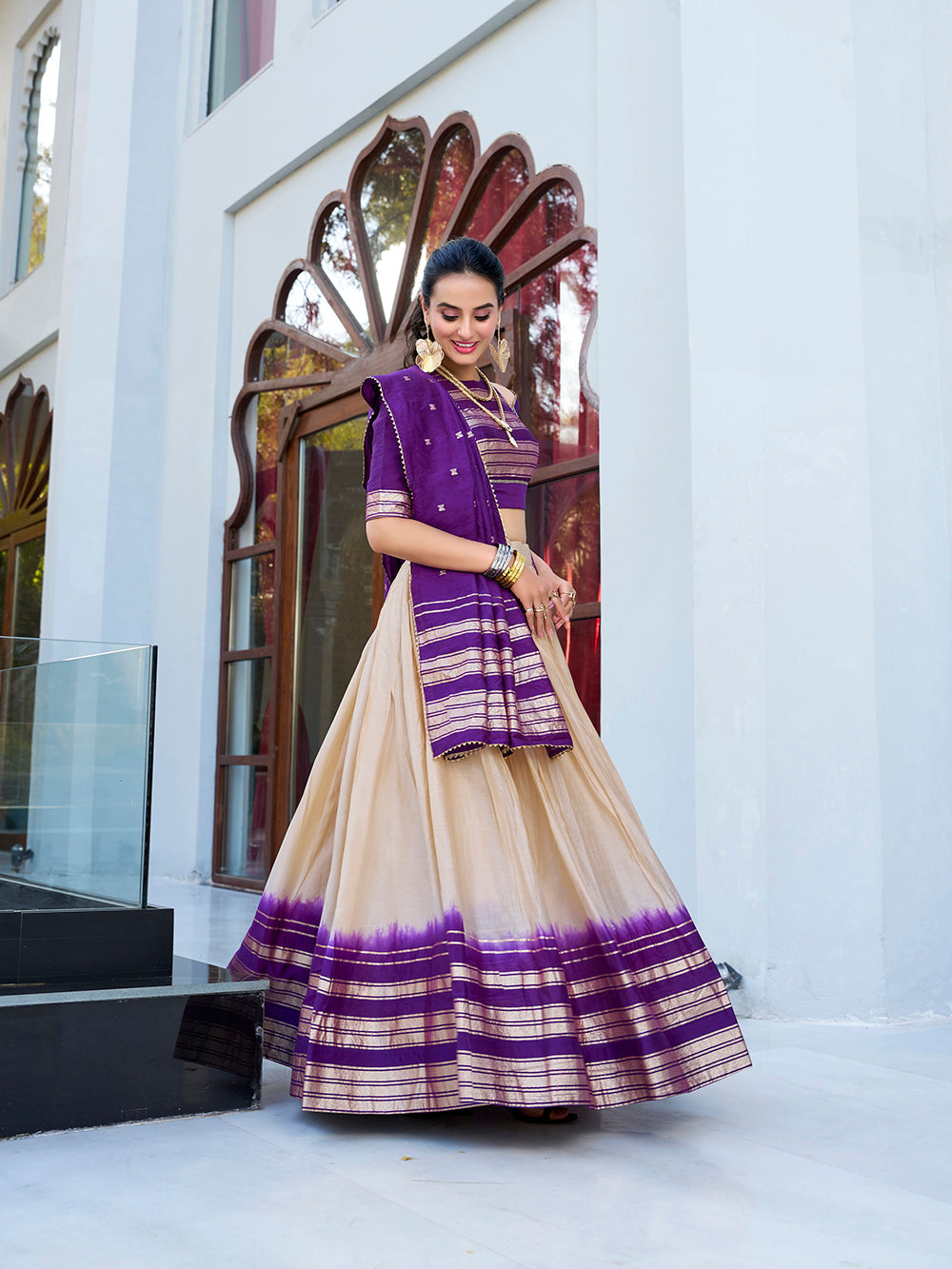 Cream color plain with zari weaving work border pure chanderi lehenga choli