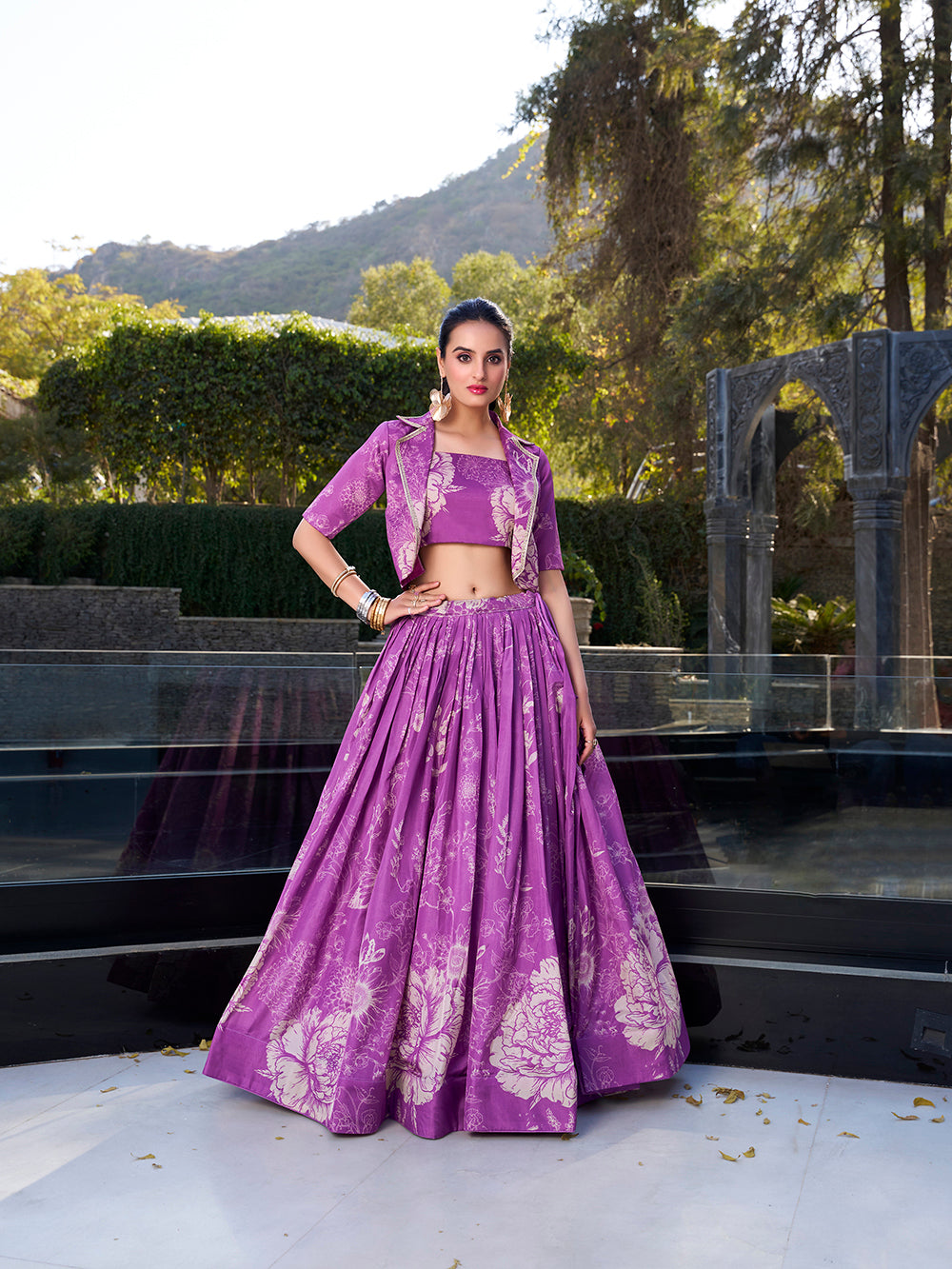 Purple tussar silk crop top lehenga choli with floral print elegance