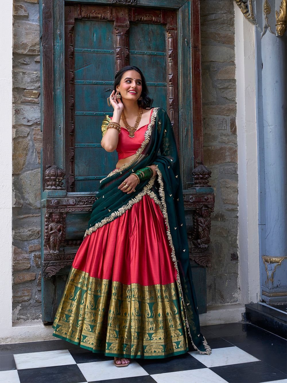 Bridal red narayan pattu lehenga choli with zari weaving embroidered georgette dupatta