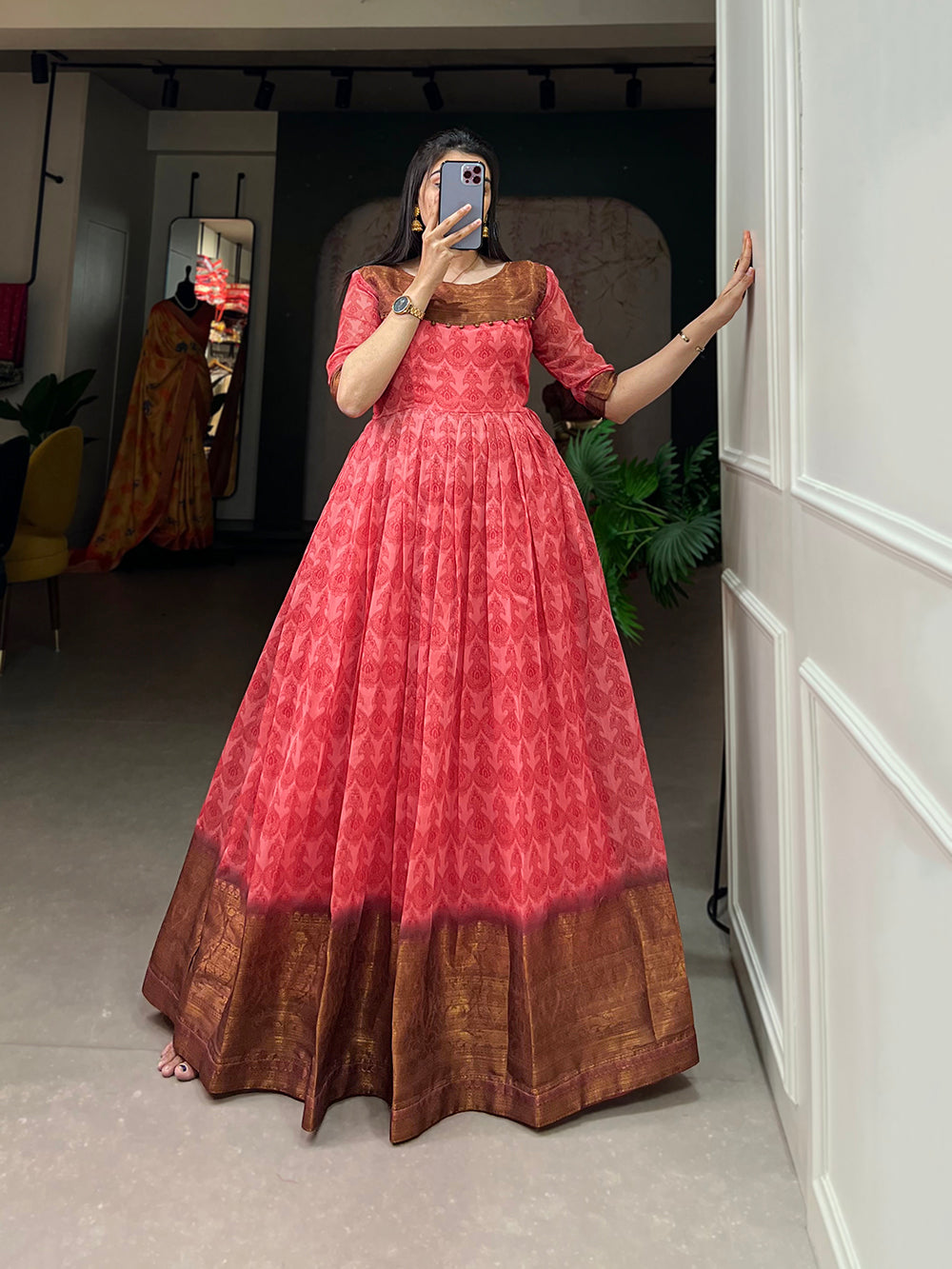 Salmon Color Print With Zari Patta  Soft Cotton Dress