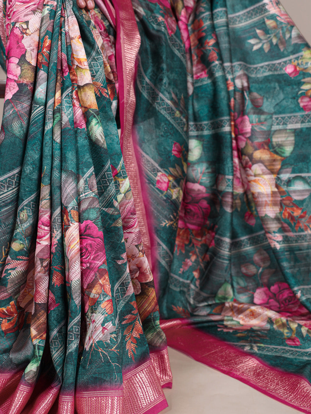 Green tussar silk floral printed saree with viscose border wine blouse