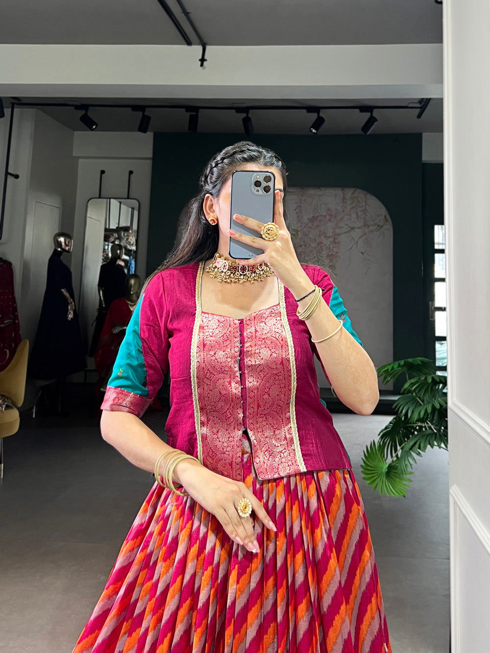 Red tasar silk leheriya print co ord set with vichitra silk zari weaving blouse