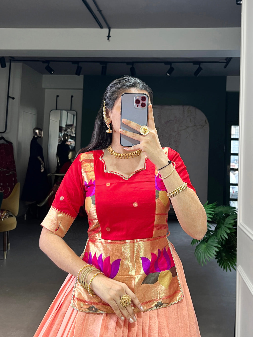 South indian style peach zari border lehenga choli with jacquard silk blouse