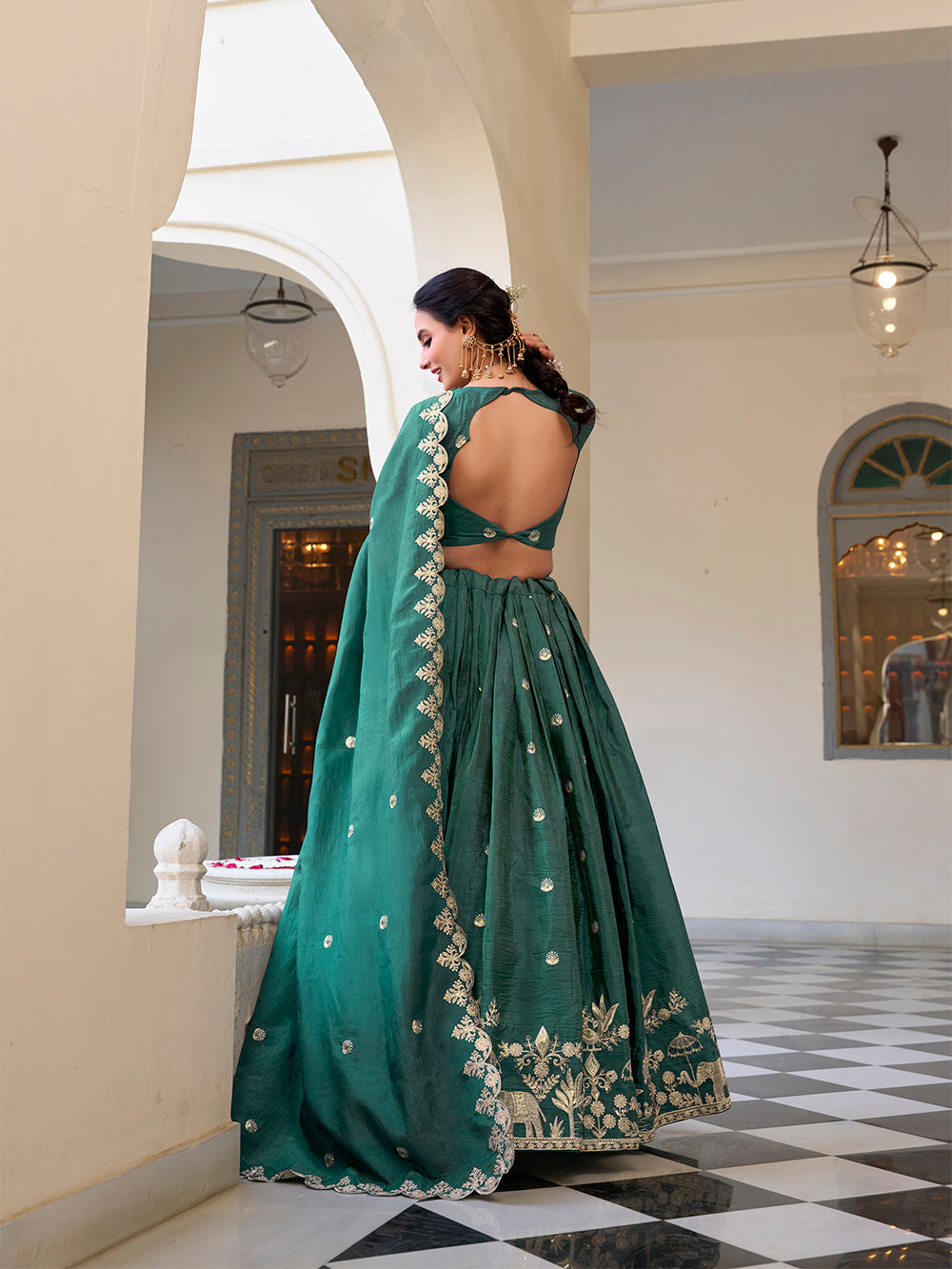 Teal gold crush lehenga choli with sequins embroidery scalloped lace dupatta