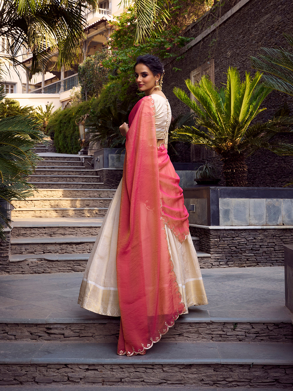 Off white jacquard silk south indian lehenga choli with golden zari weave embroidered dupatta