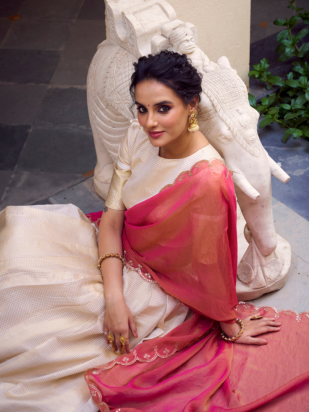 Off white jacquard silk south indian lehenga choli with golden zari weave embroidered dupatta