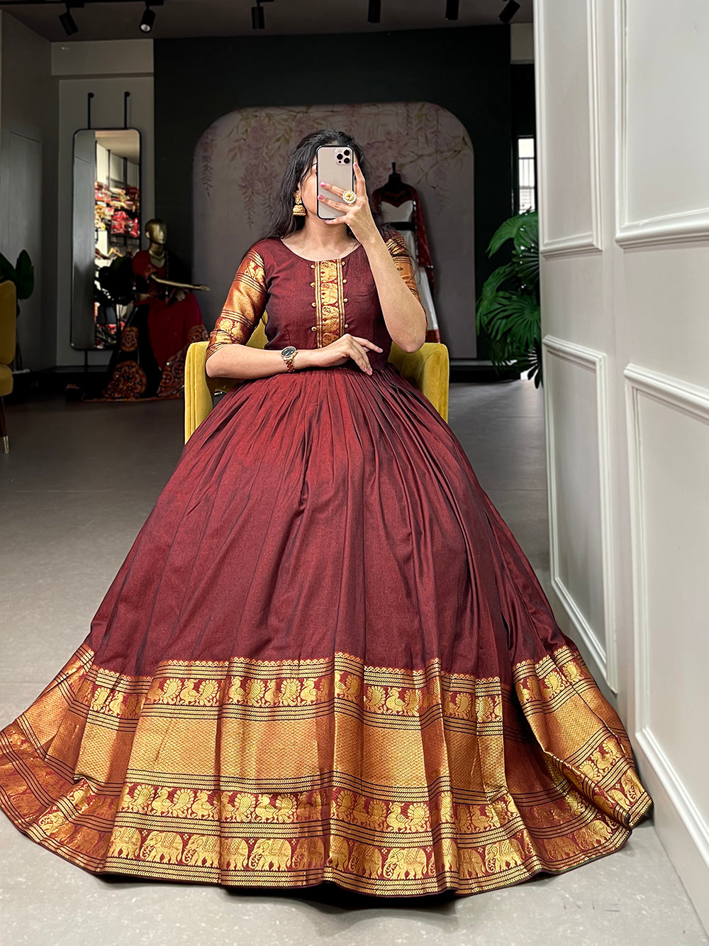 Maroon Color Zari Weaving Work Narayan Pet (Cotton) Dress