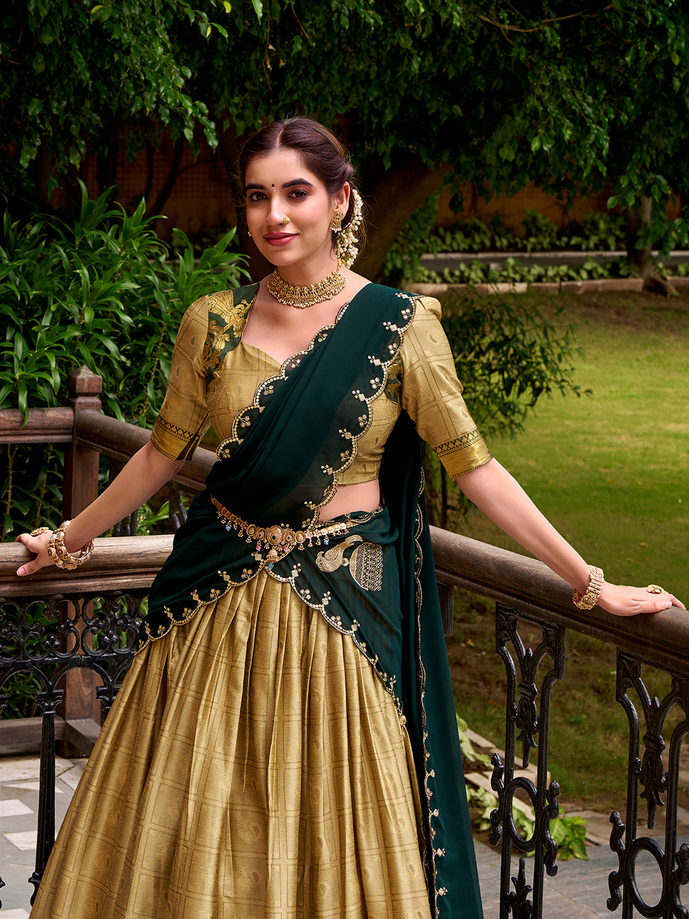 Cream poly cotton lehenga choli with zari weaving embroidered georgette dupatta