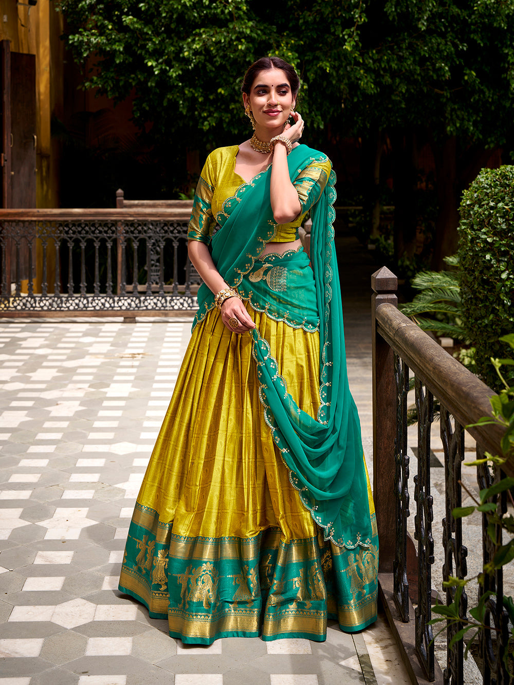 Yellow poly cotton lehenga choli with zari weaving embroidered georgette dupatta