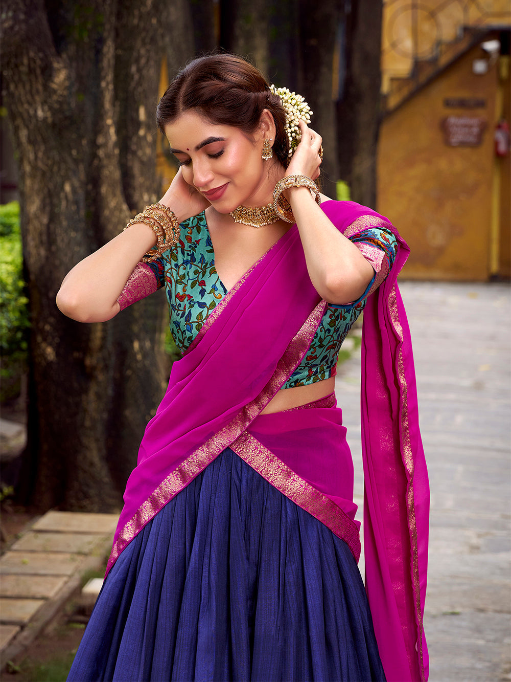 Navy blue astha silk printed zari weaving lehenga choli with georgette dupatta