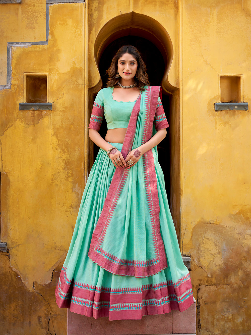 Sky blue color thread work with chanderi lehenga