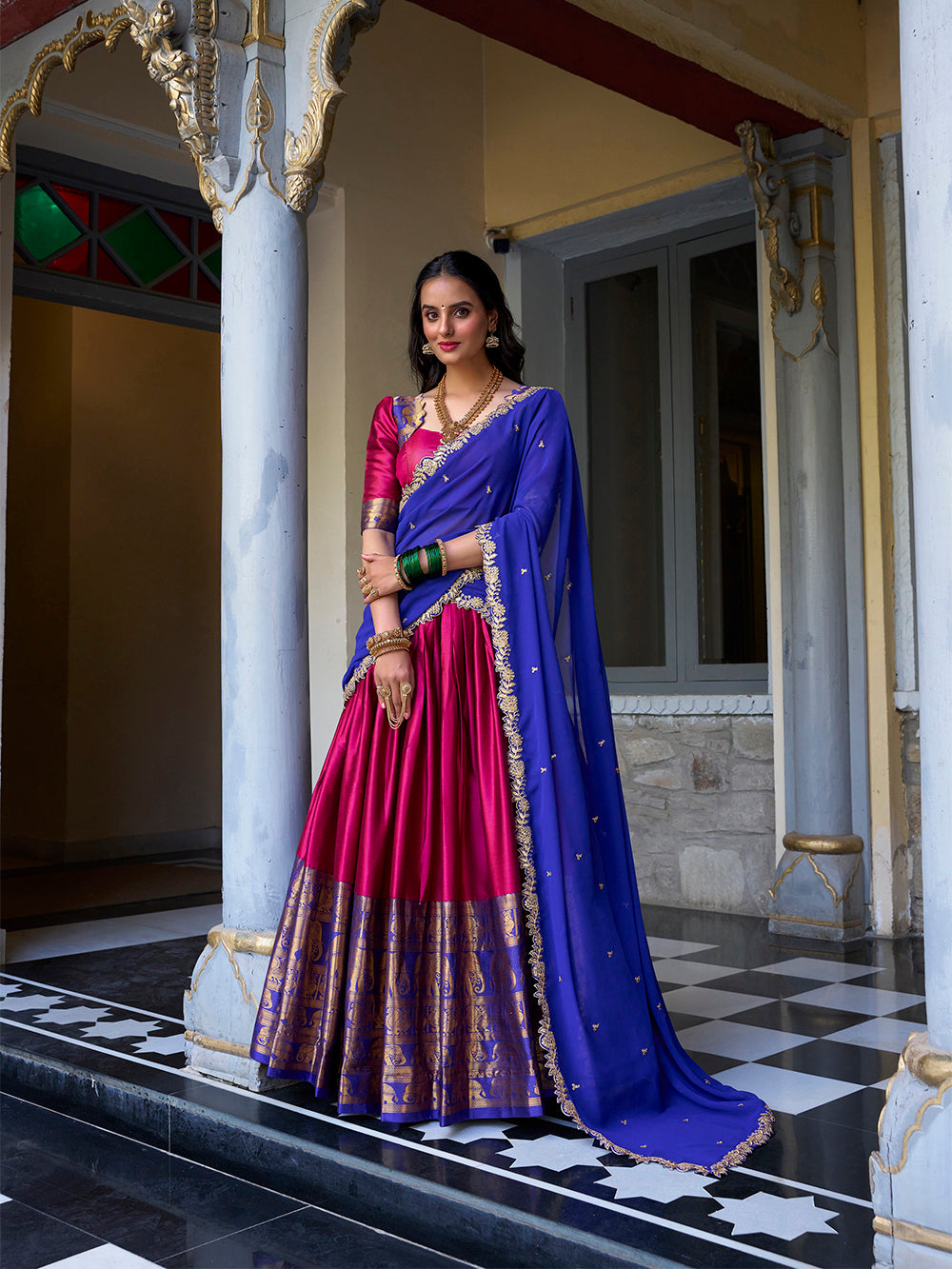 Pink narayan pattu lehenga choli with zari weaving embroidered georgette dupatta
