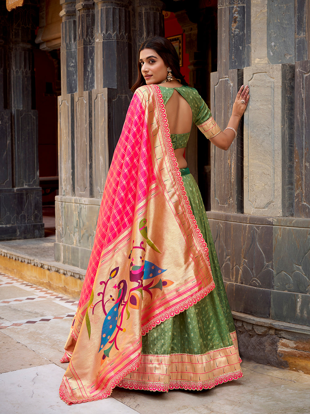 Green shimmer organza lehenga choli with zari weaving paithani dupatta purse