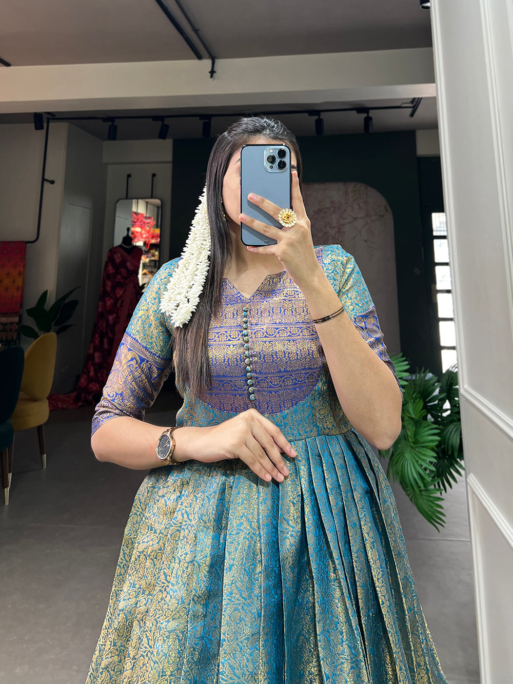 Firozi Color Zari Weaving Work Kanjivaram Wedding Wear Dress