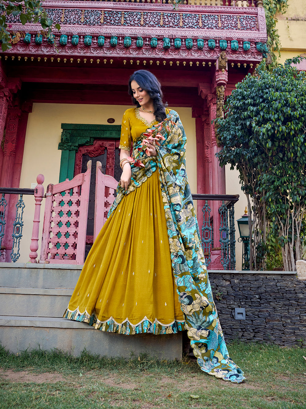 Mustard vichitra silk lehenga choli with kalamkari scallop border tussar silk dupatta