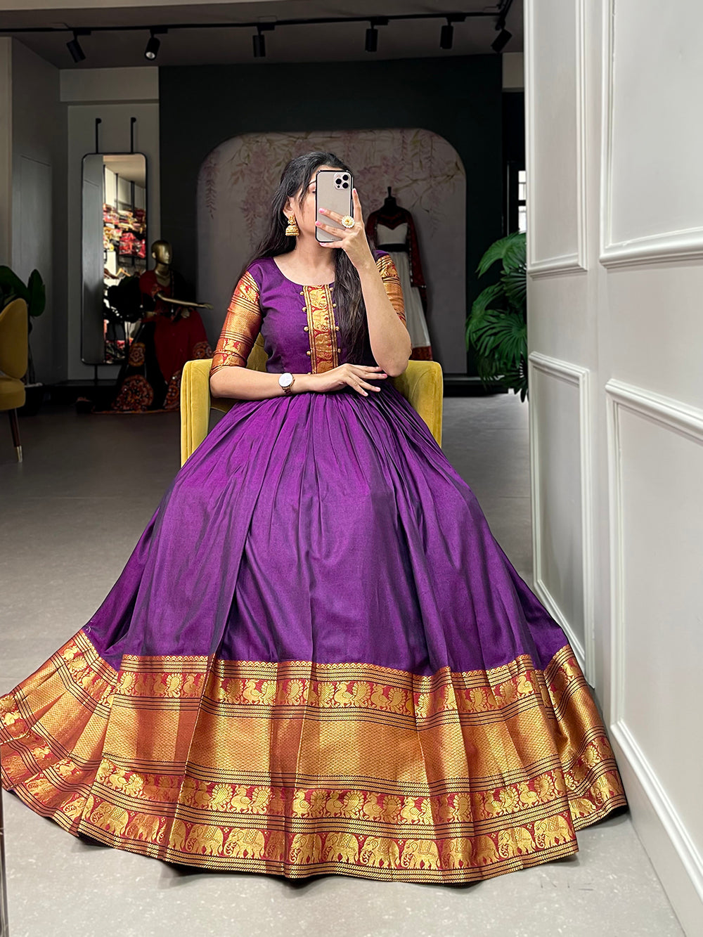 Wine Color Zari Weaving Work Narayan Pet (Cotton) Dress