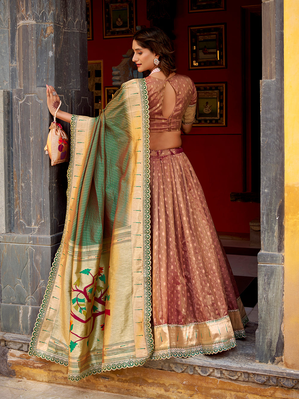 Brown simmer organza zari weaving lace border lehenga choli with paithani dupatta purse