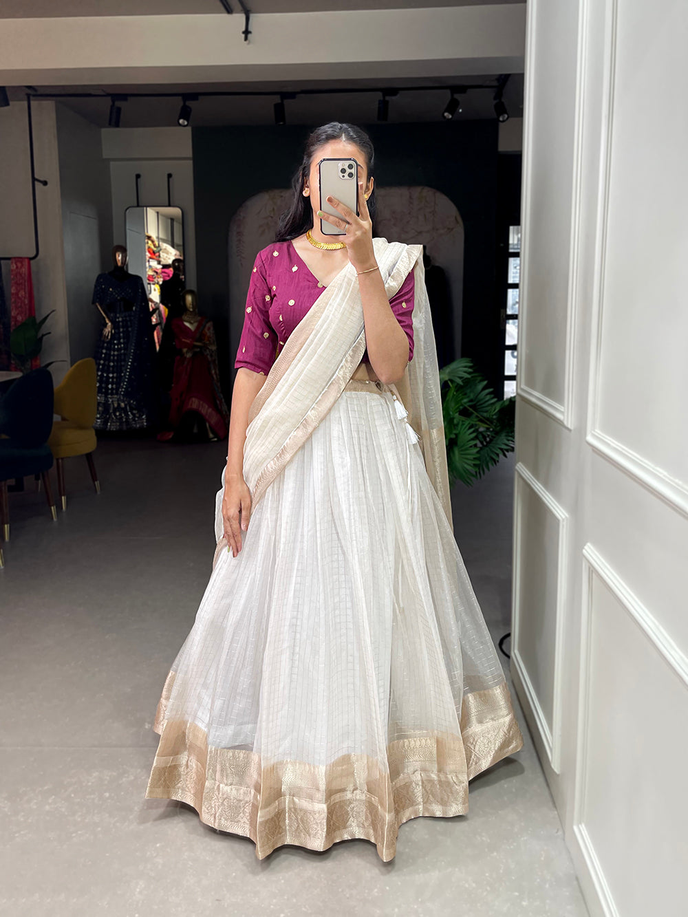 White Color Zari Weaving Work Organza Lehenga Choli