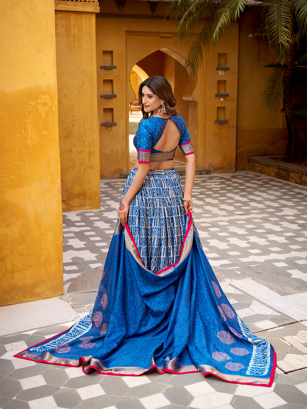 Blue color batik printed dola silk lehenga