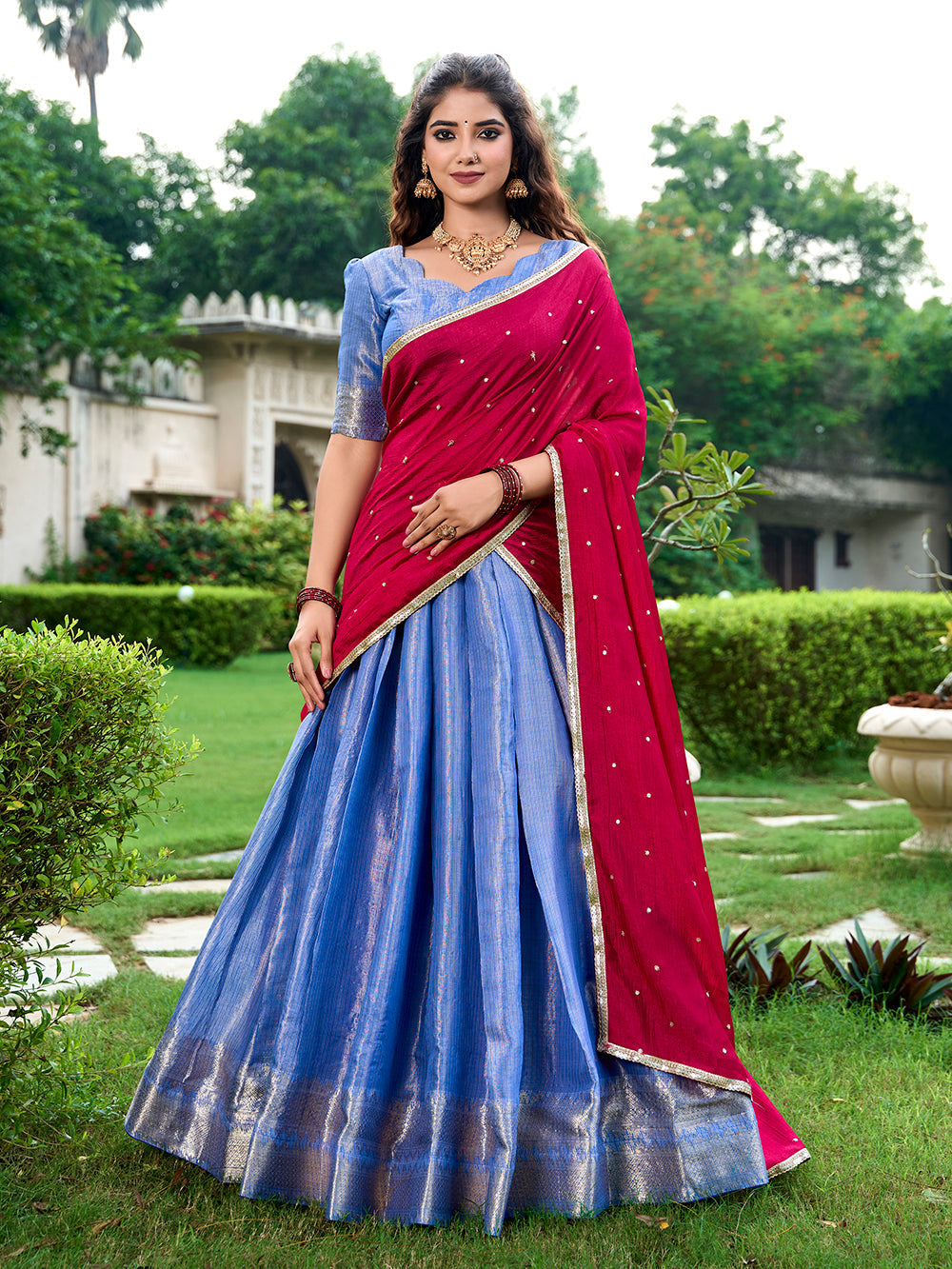Royal blue kanchipuram lehenga choli with zari weaving embroidered dupatta