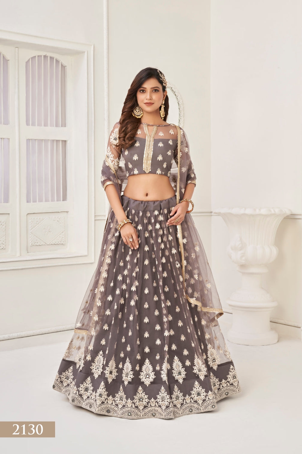 Space Gray Sophisticated  Butterfly Net Lehenga Set with White Thread and Sequence Embroidery