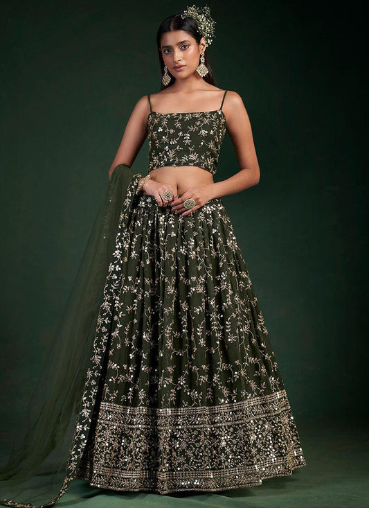 Spaghetti Strap Green Georgette Lehenga