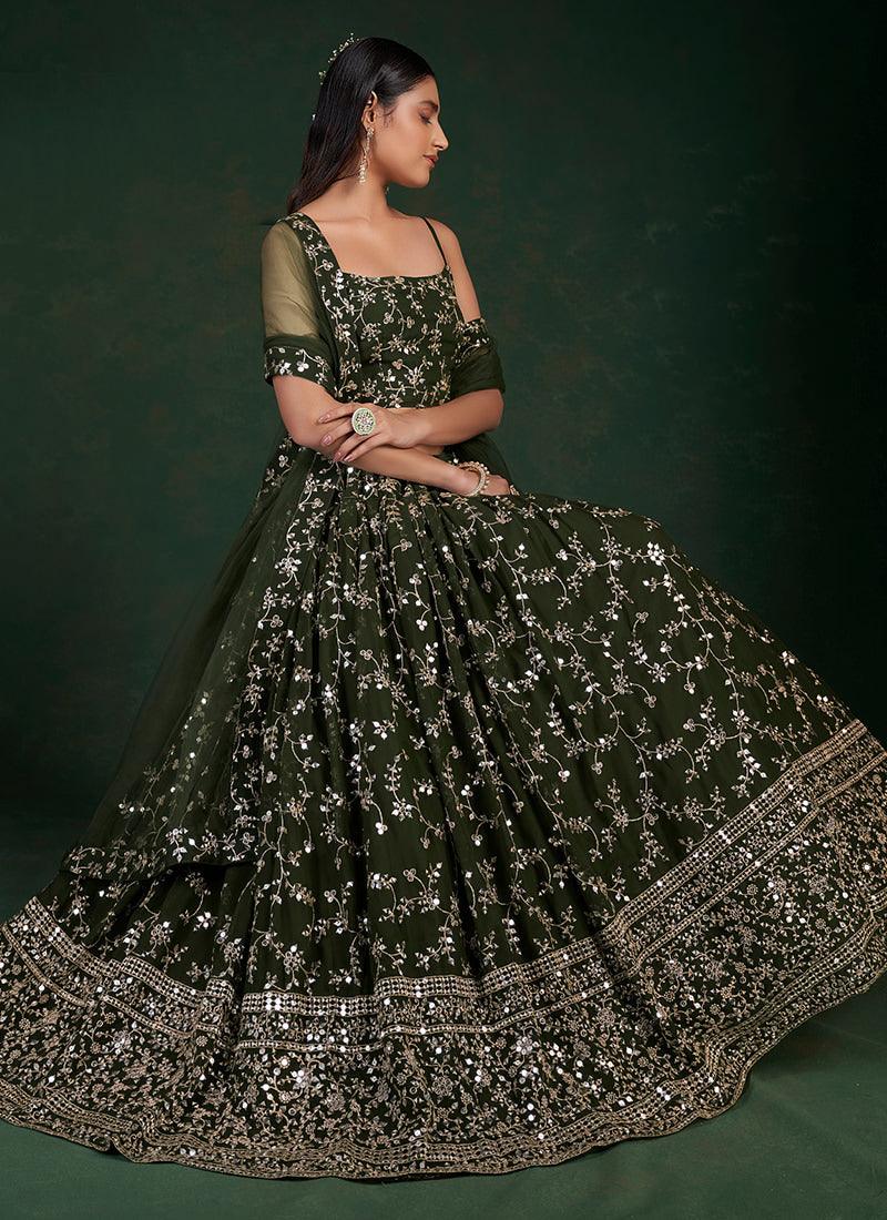 Spaghetti Strap Green Georgette Lehenga