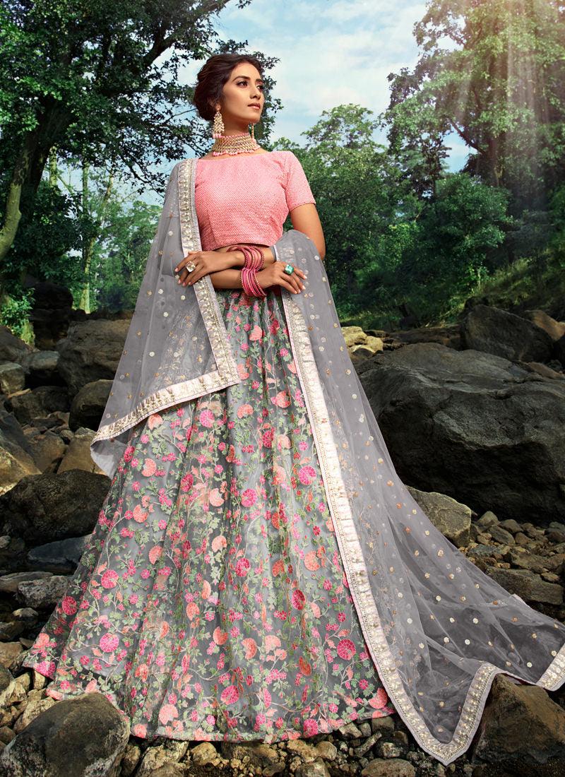 Sparkling Cloudy Grey Soft Net Base Flared Embroidered Lehenga Choli