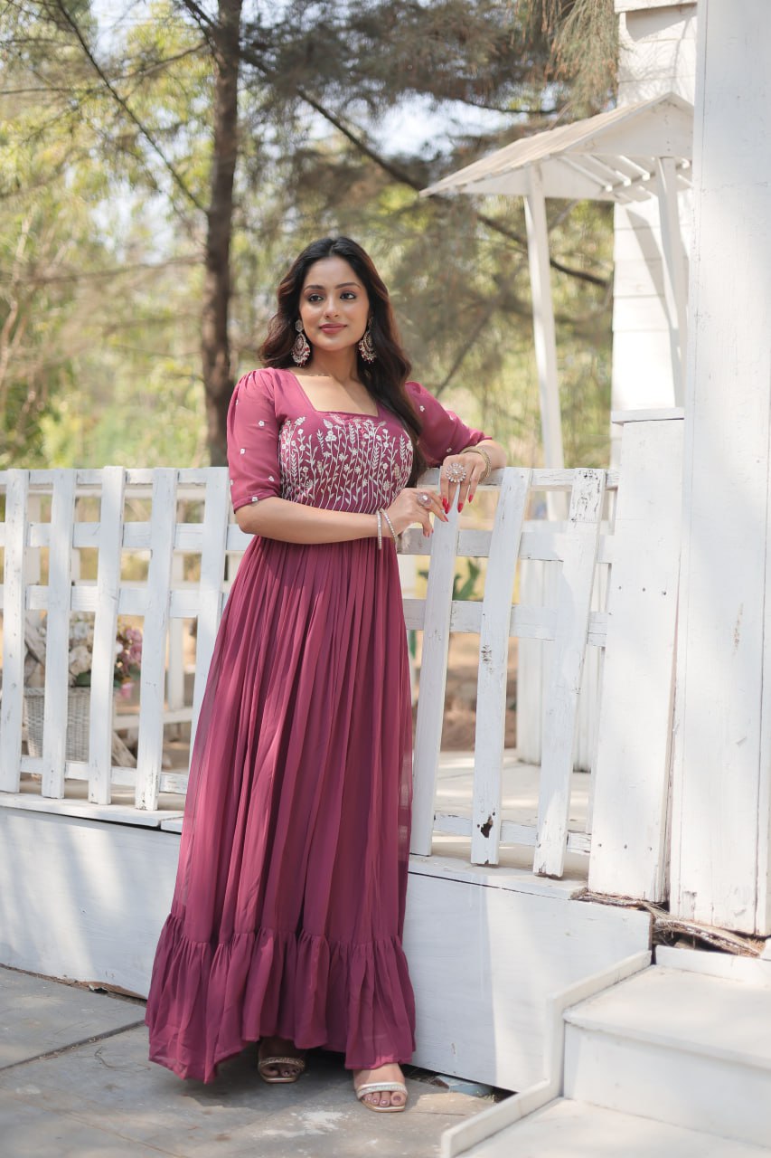 Wine Color Sparkling Multithreaded Embroidered Faux Georgette  Gown with Puff Sleeves