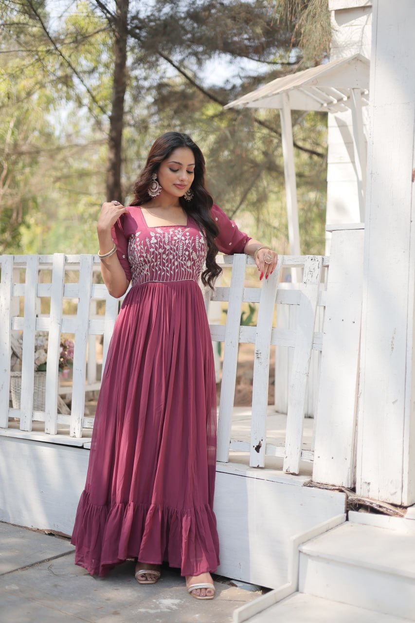 Wine Color Sparkling Multithreaded Embroidered Faux Georgette  Gown with Puff Sleeves