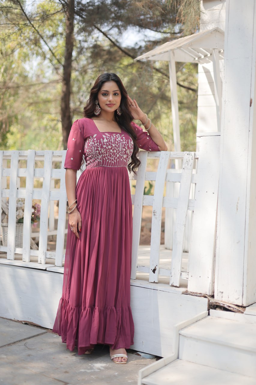 Wine Color Sparkling Multithreaded Embroidered Faux Georgette  Gown with Puff Sleeves