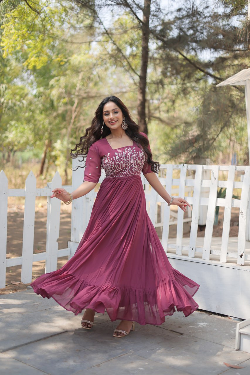 Wine Color Sparkling Multithreaded Embroidered Faux Georgette  Gown with Puff Sleeves