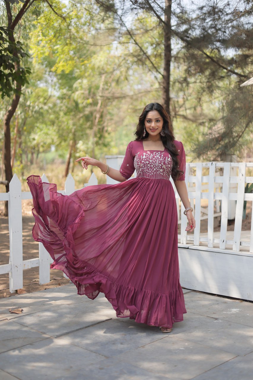 Wine Color Sparkling Multithreaded Embroidered Faux Georgette  Gown with Puff Sleeves