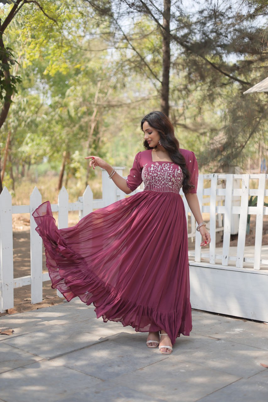 Wine Color Sparkling Multithreaded Embroidered Faux Georgette  Gown with Puff Sleeves