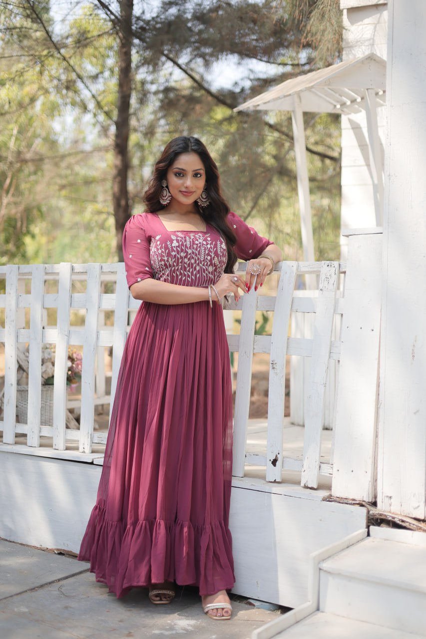 Wine Color Sparkling Multithreaded Embroidered Faux Georgette  Gown with Puff Sleeves