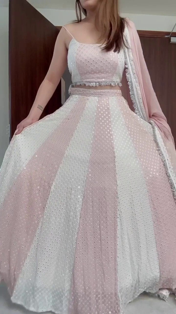 Sparkling Sequined Faux Georgette White Lehenga Choli Set
