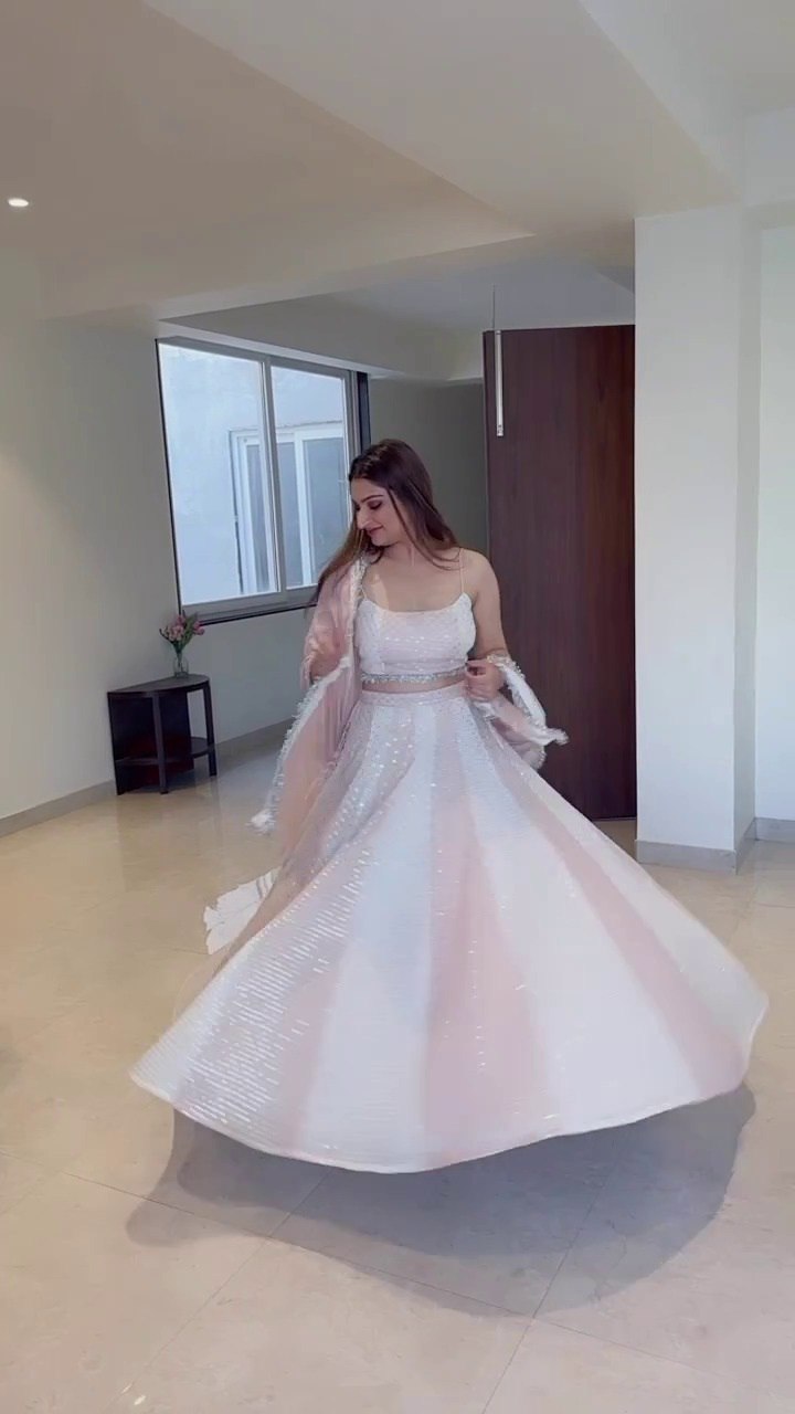 Sparkling Sequined Faux Georgette White Lehenga Choli Set