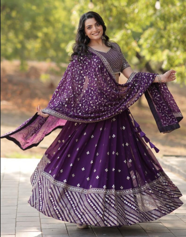 Spectacular Purple Faux Georgette Sequins Thread Embroidered Lehenga Set