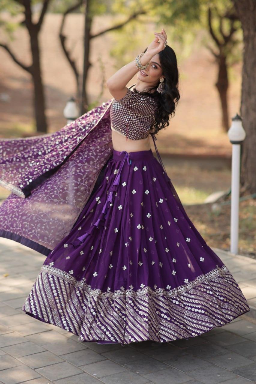 Spectacular Purple Faux Georgette Sequins Thread Embroidered Lehenga Set