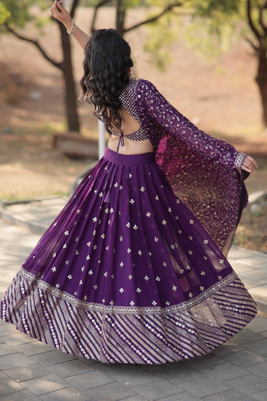 Spectacular Purple Faux Georgette Sequins Thread Embroidered Lehenga Set