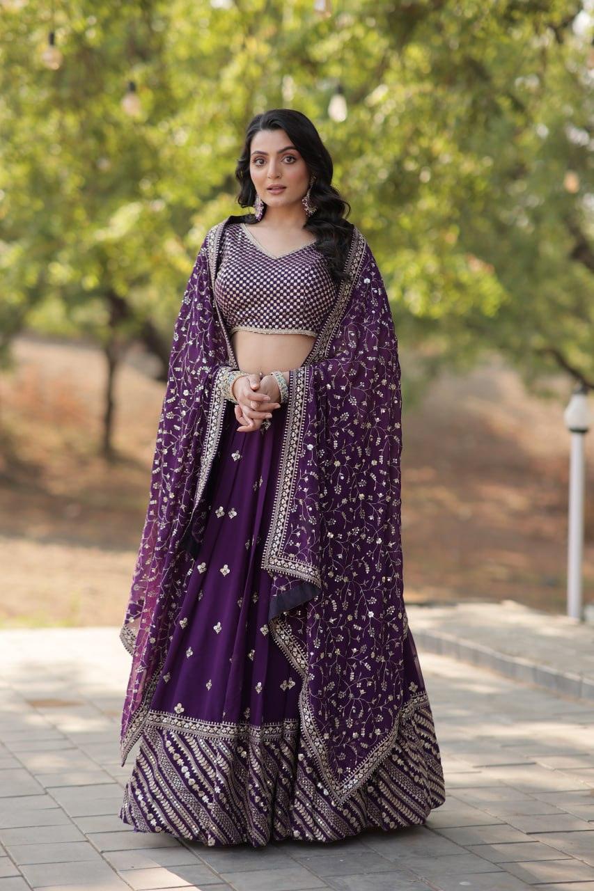 Spectacular Purple Faux Georgette Sequins Thread Embroidered Lehenga Set