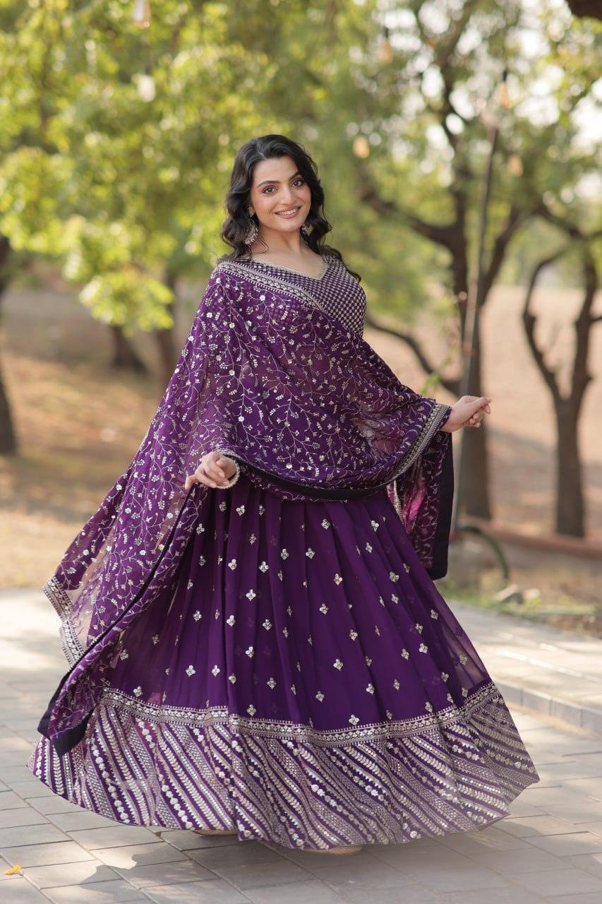 Spectacular Purple Faux Georgette Sequins Thread Embroidered Lehenga Set