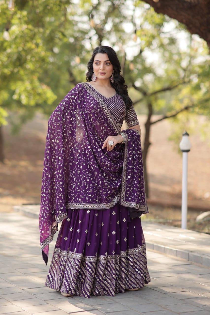 Spectacular Purple Faux Georgette Sequins Thread Embroidered Lehenga Set