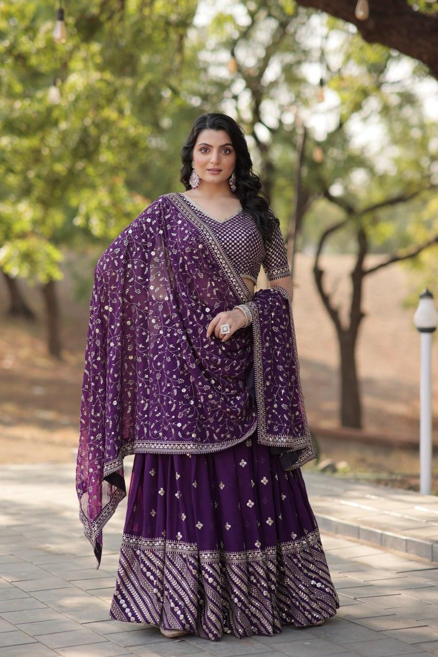 Spectacular Purple Faux Georgette Sequins Thread Embroidered Lehenga Set