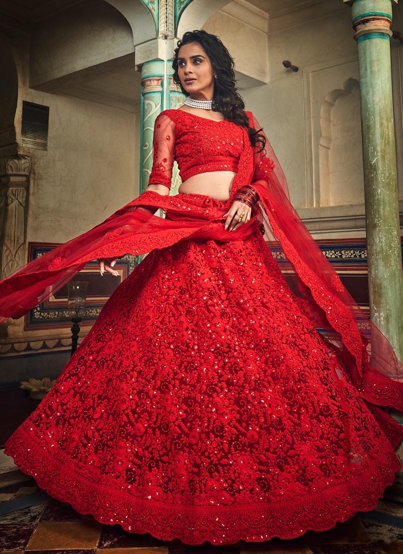 Spectacular Strawberry Red Soft Net Designer Ethnic Lehenga Choli