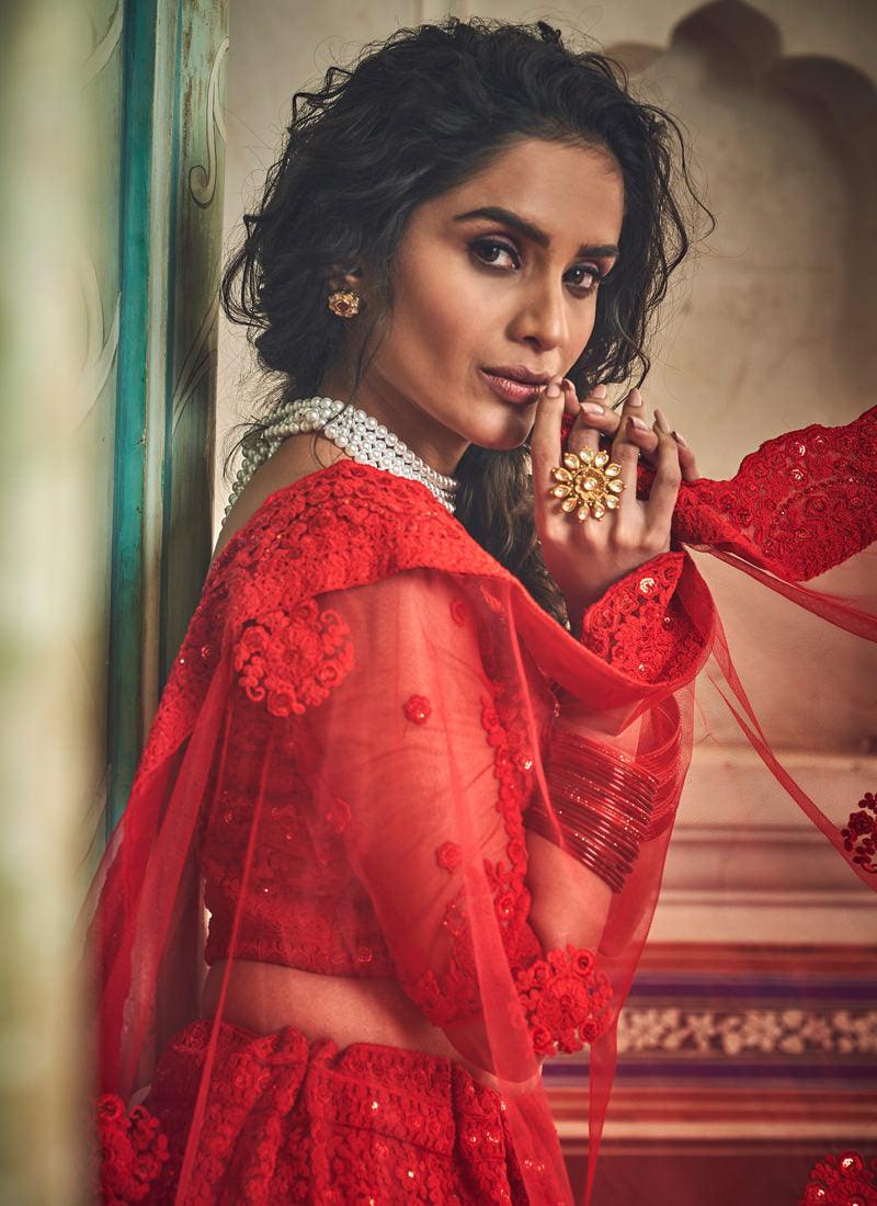 Spectacular Strawberry Red Soft Net Designer Ethnic Lehenga Choli