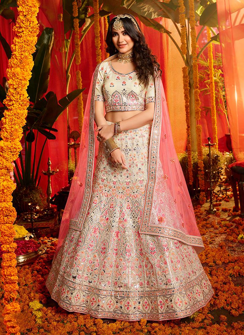 Spectacular White And Pink Organza Base Designer Lehenga Choli