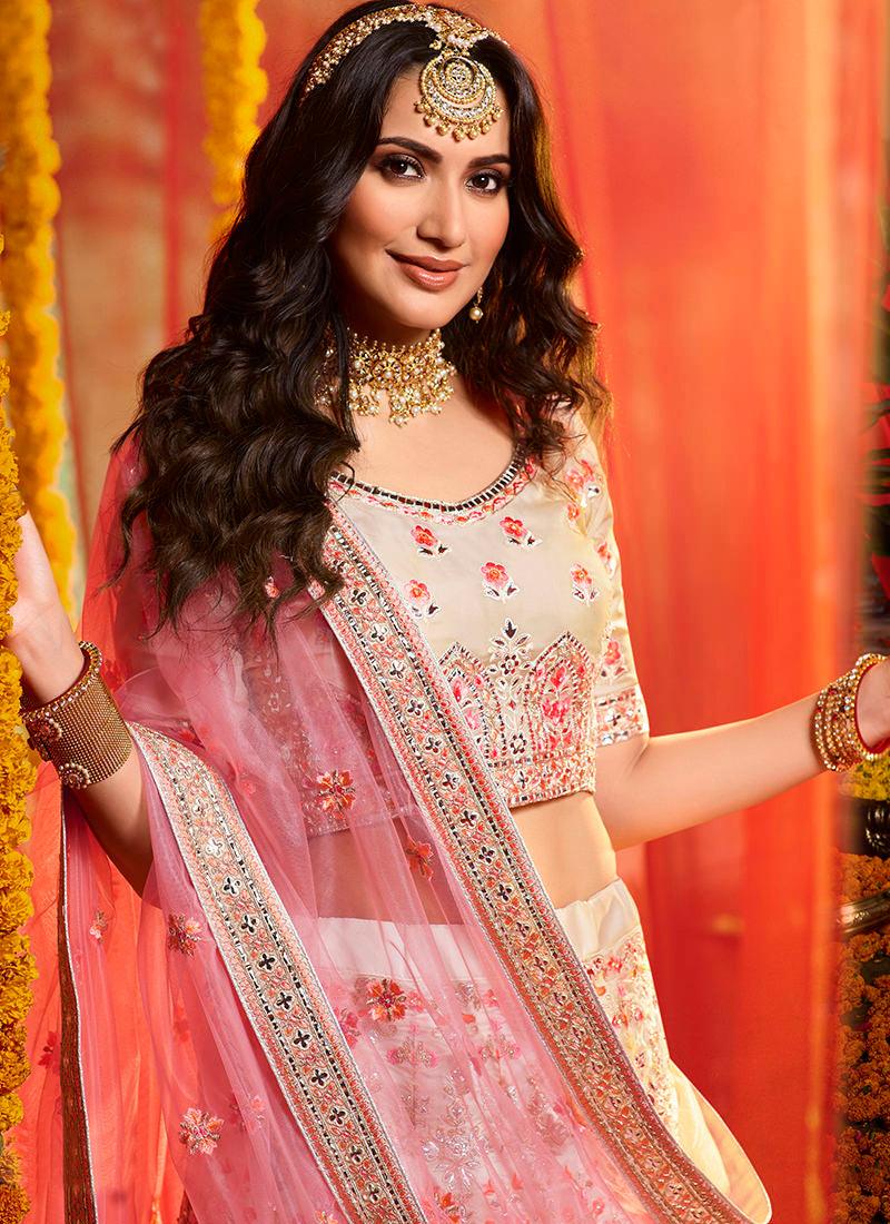 Spectacular White And Pink Organza Base Designer Lehenga Choli