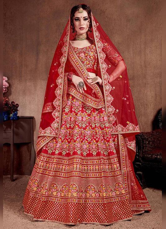 Splendid Red Colored Silk Bridal Designer Embroidered Lehenga Choli